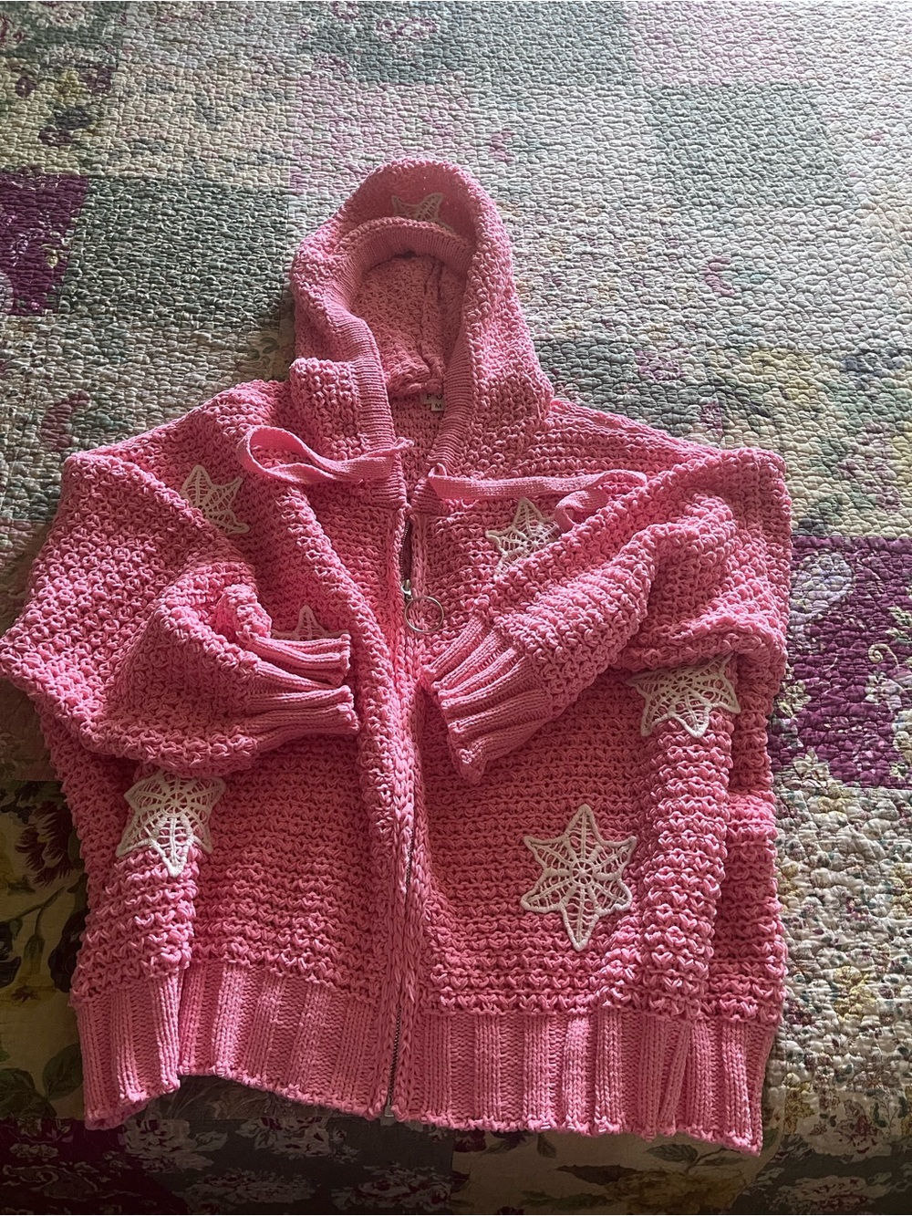 POL Pink Crochet Hooded Zip Cardigan with Star Motifs